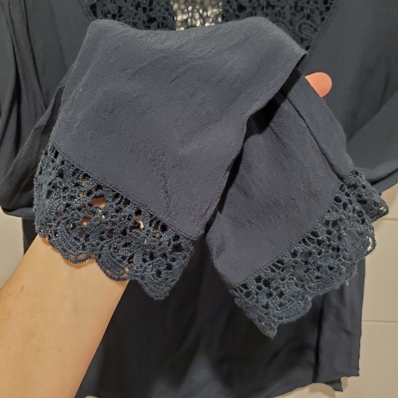 Aritzia Gentle fawn small blouse high neck bell sleeve Top flowy teal lace shirt - Picture 3 of 16